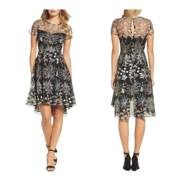 ADRIANNA PAPELL 3D Floral Embroidered Fit n Flare Mini Dress Black Size 8 NWT - Picture 1 of 10